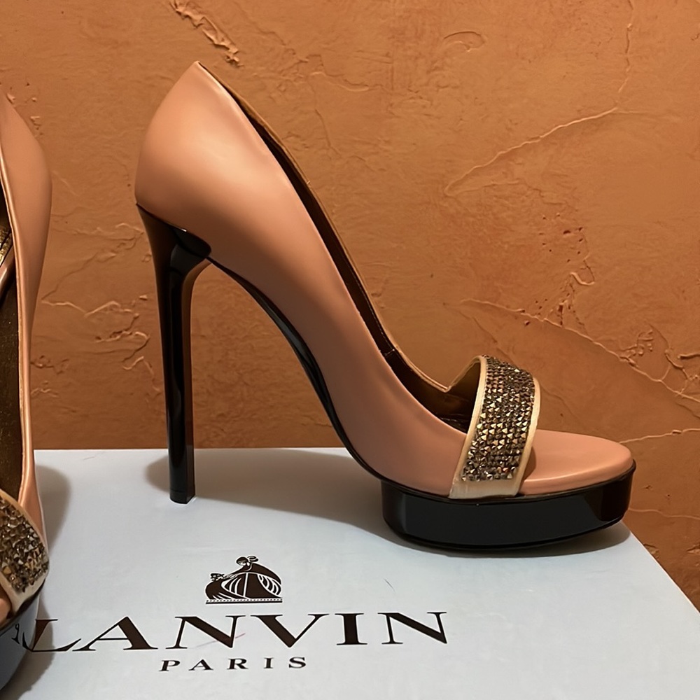 Lanvin Paris open toe platform heel sandals, nude and black with studded vamp